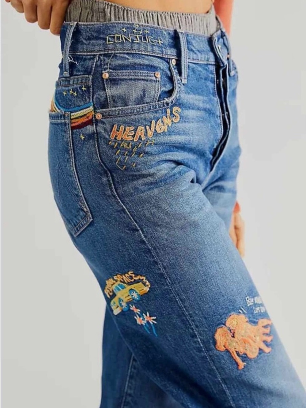 NWT MOTHER Superior The Rambler Sneak Embroidered Jeans - Running With Scissors